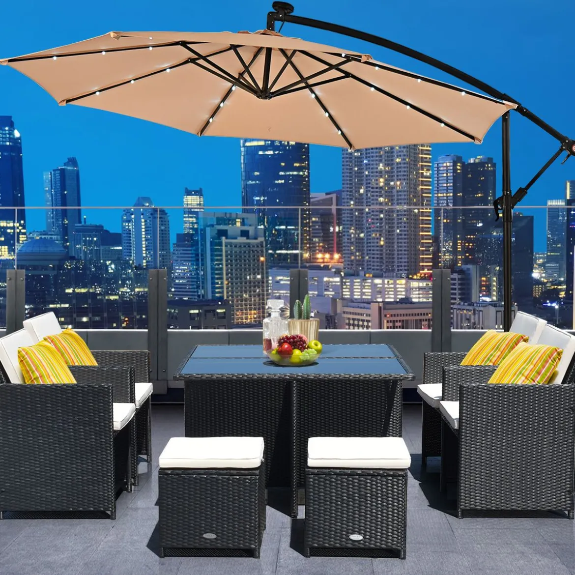 Ø 300cm LED Ampelschirm Strandschirm mit Solarlichtern Terrassenschirm für Garten Beige