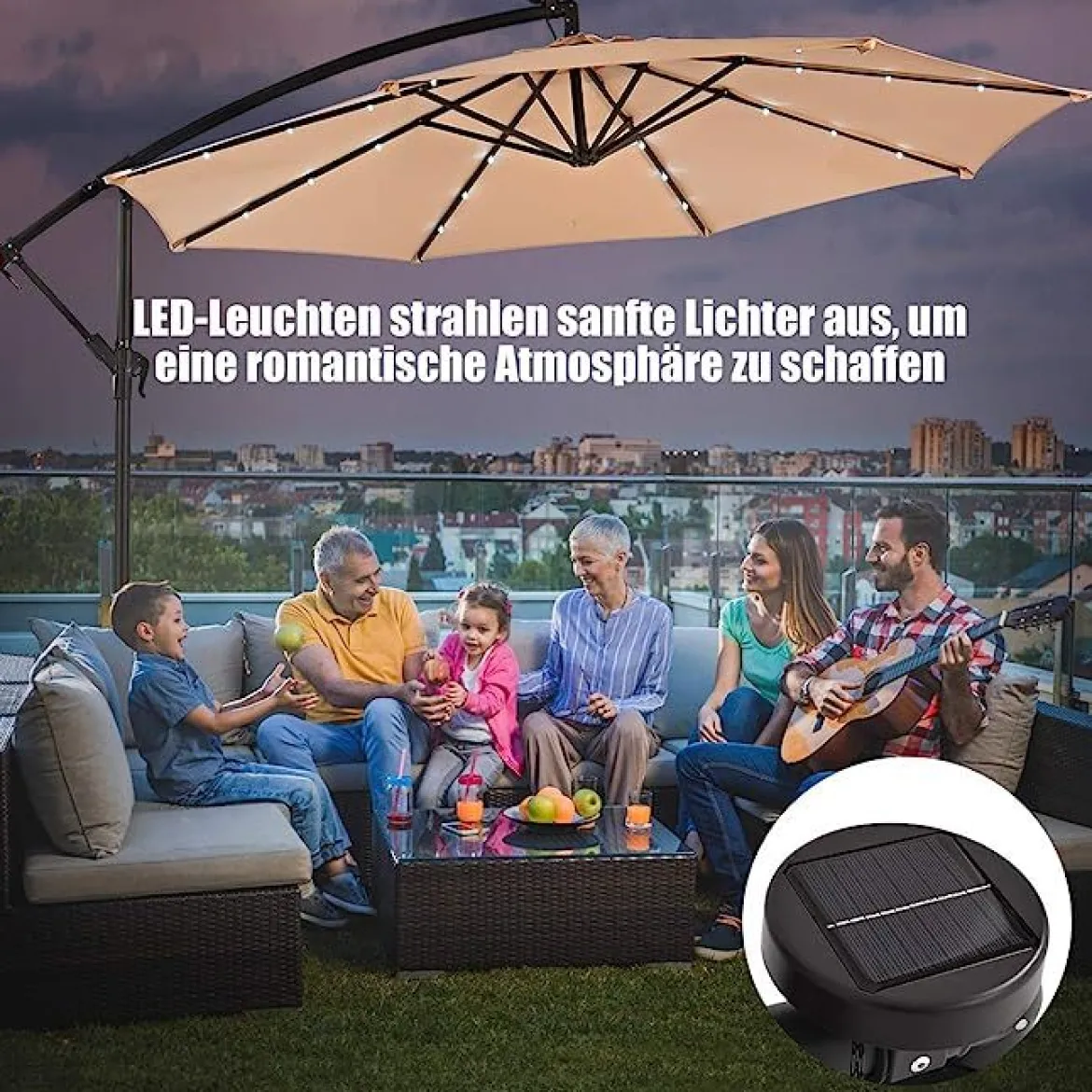 Ø 300cm LED Ampelschirm Strandschirm mit Solarlichtern Terrassenschirm für Garten Beige