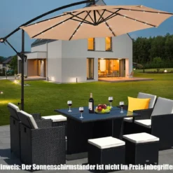Ø 300cm LED Ampelschirm Strandschirm mit Solarlichtern Terrassenschirm für Garten Beige