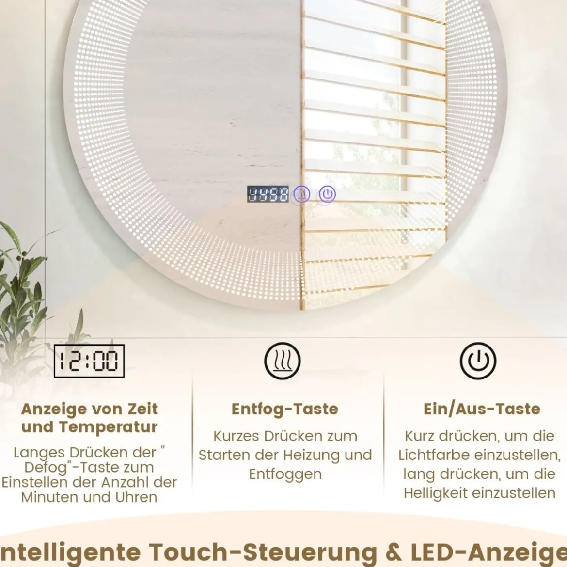 Ø 60 cm LED-Badezimmerspiegel mit 3-farbigen Lichtern & Touch-Schalter Kosmetikspiegel