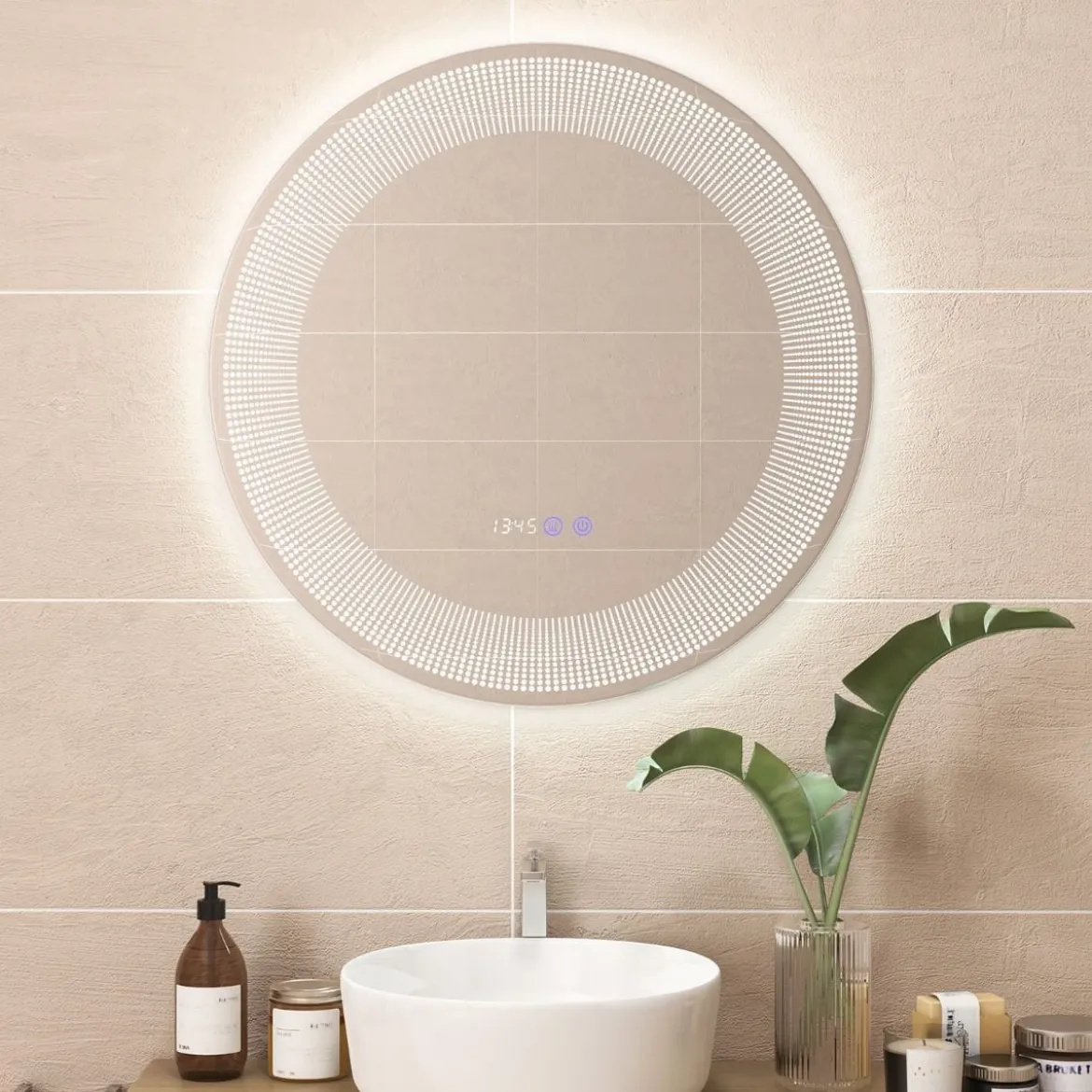 Ø 60 cm LED-Badezimmerspiegel mit 3-farbigen Lichtern & Touch-Schalter Kosmetikspiegel