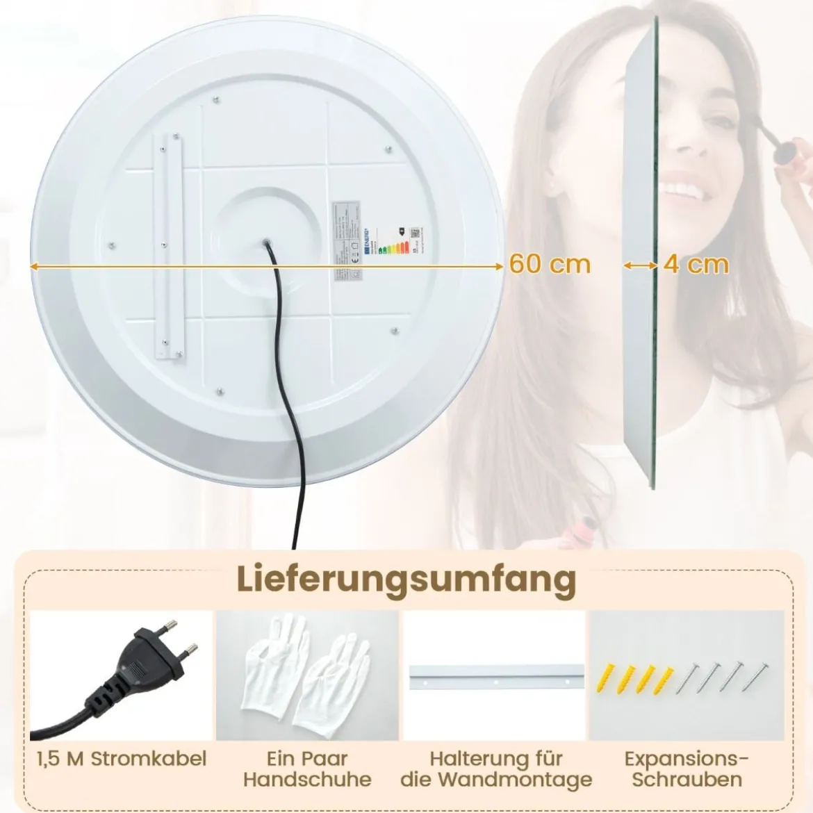 Ø 60 cm LED-Badezimmerspiegel mit 3-farbigen Lichtern & Touch-Schalter Kosmetikspiegel