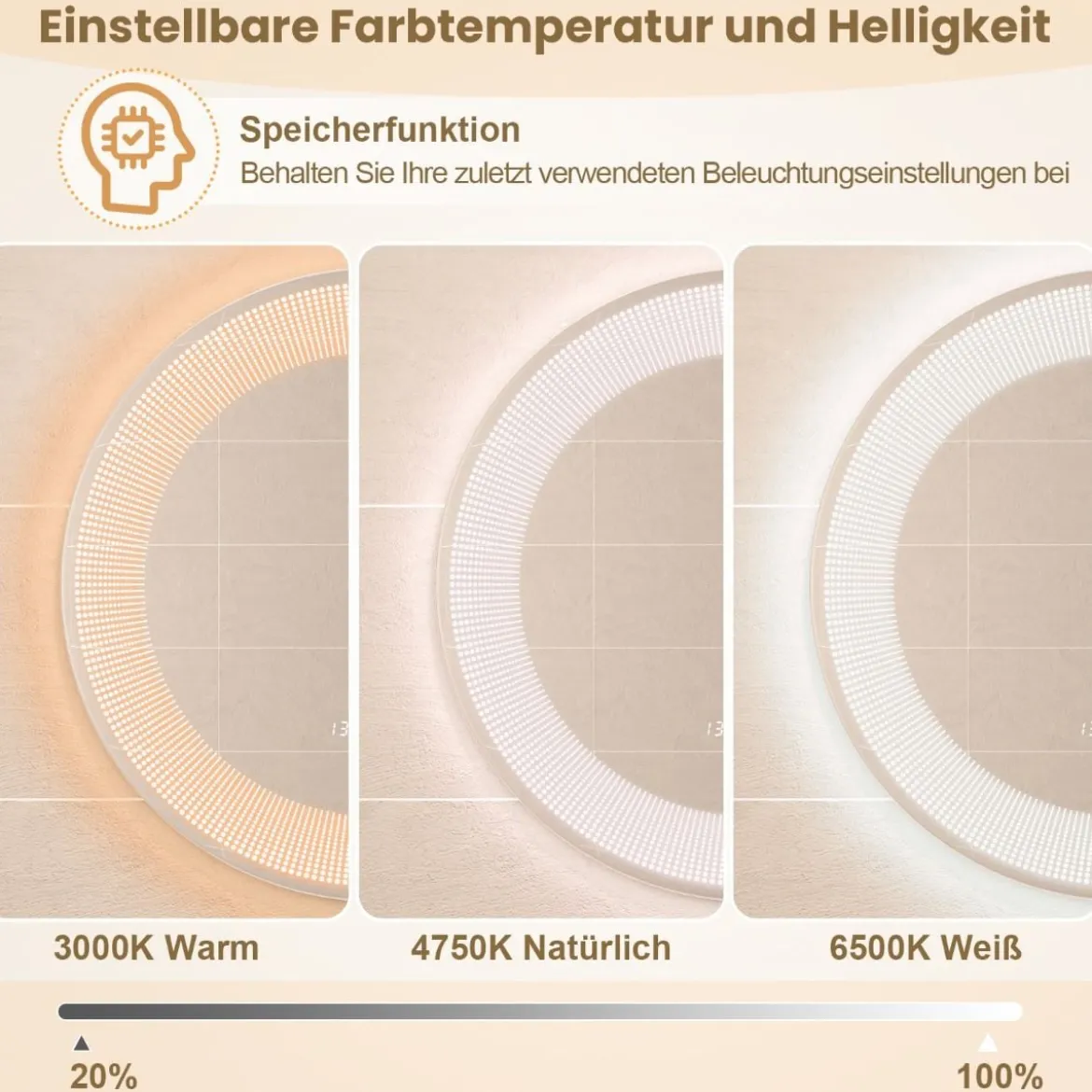 Ø 60 cm LED-Badezimmerspiegel mit 3-farbigen Lichtern & Touch-Schalter Kosmetikspiegel