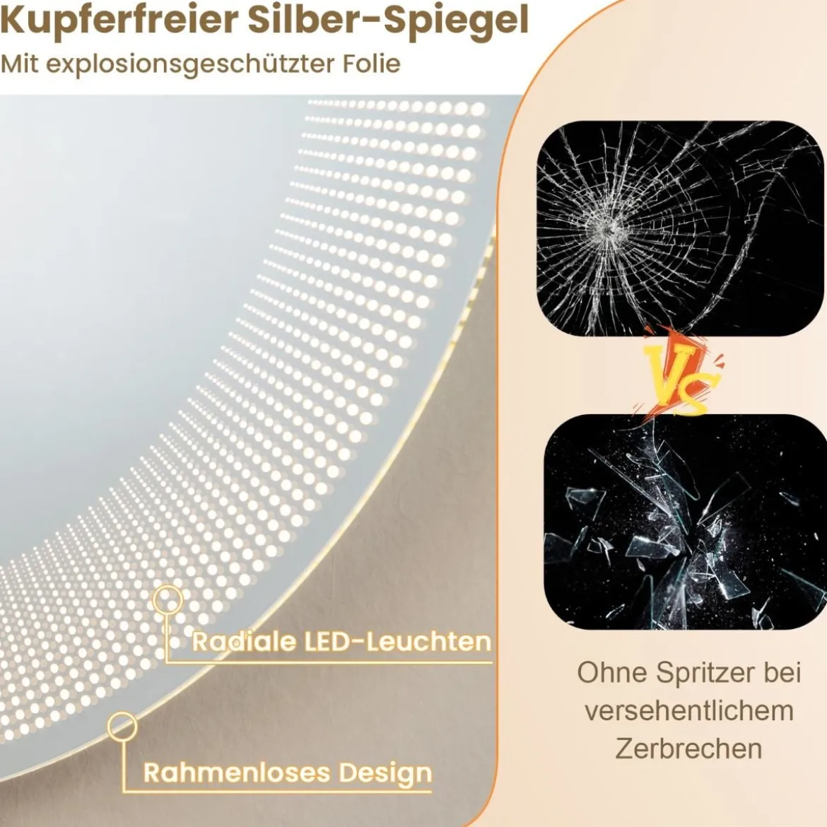 Ø 60 cm LED-Badezimmerspiegel mit 3-farbigen Lichtern & Touch-Schalter Kosmetikspiegel
