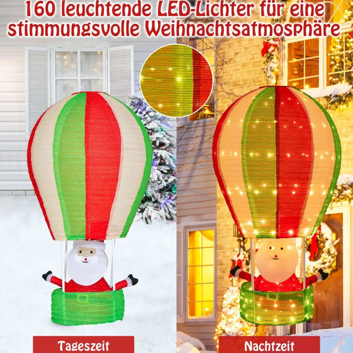 135 cm LED Heißluftballon Weihnachtsdeko mit Weihnachtsmann Weihnachtsballon