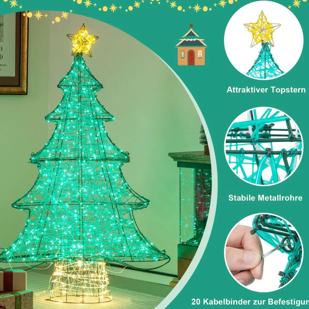 123 cm LED Künstlicher Weihnachtsbaum mit Lichterkette & Stern mit Lichterkette & Stern