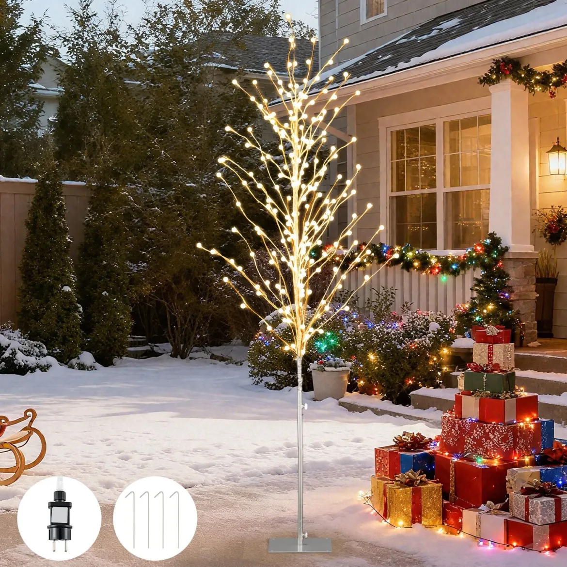 186 cm LED Lichterbaum Birkenbaum mit warmweißen LED-Leuchten künstlicher Weihnachtsbaum