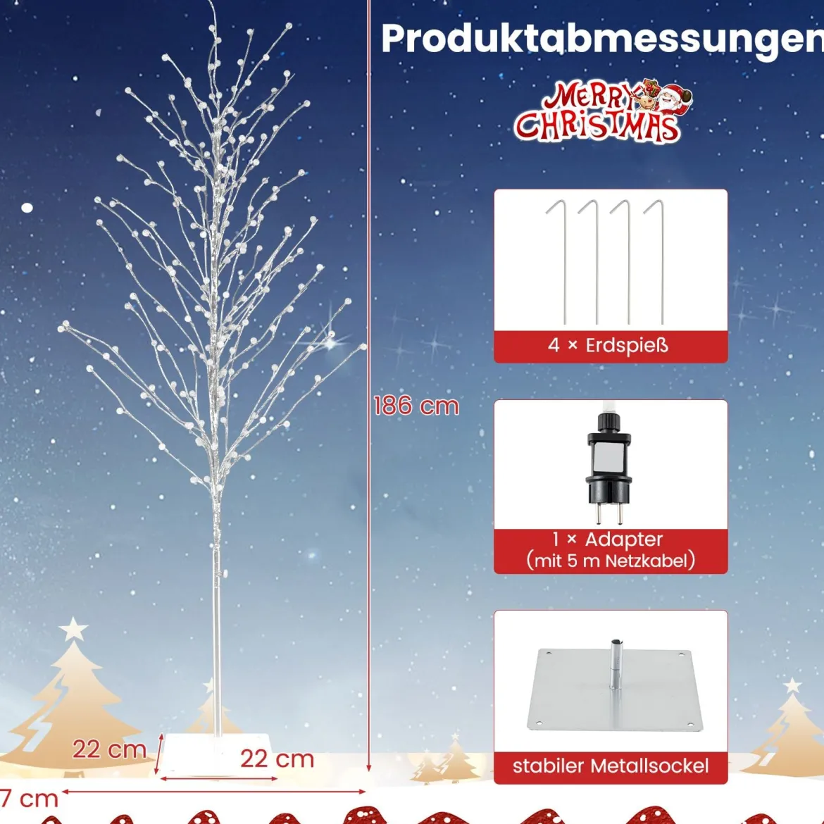 186 cm LED Lichterbaum Birkenbaum mit warmweißen LED-Leuchten künstlicher Weihnachtsbaum