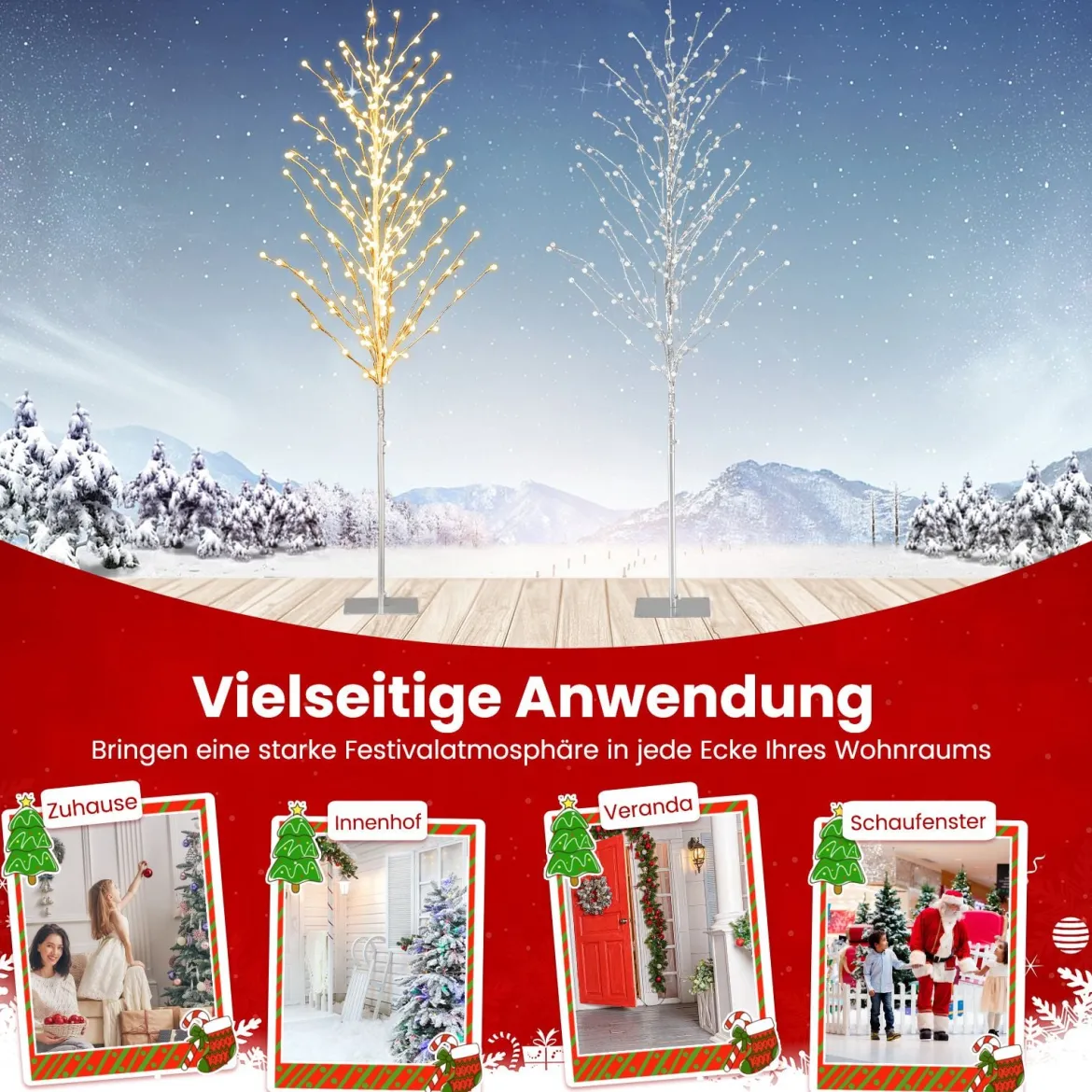 186 cm LED Lichterbaum Birkenbaum mit warmweißen LED-Leuchten künstlicher Weihnachtsbaum