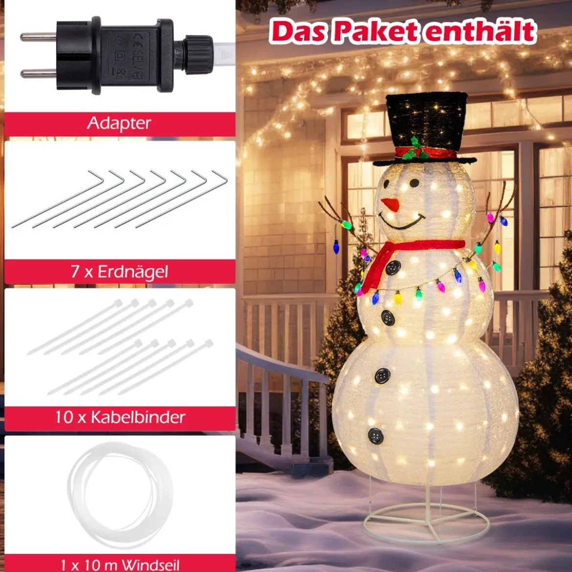 180 cm LED Schneemann beleuchtet Weihnachtsfigur mit 180 warmweißen LED- Lichern