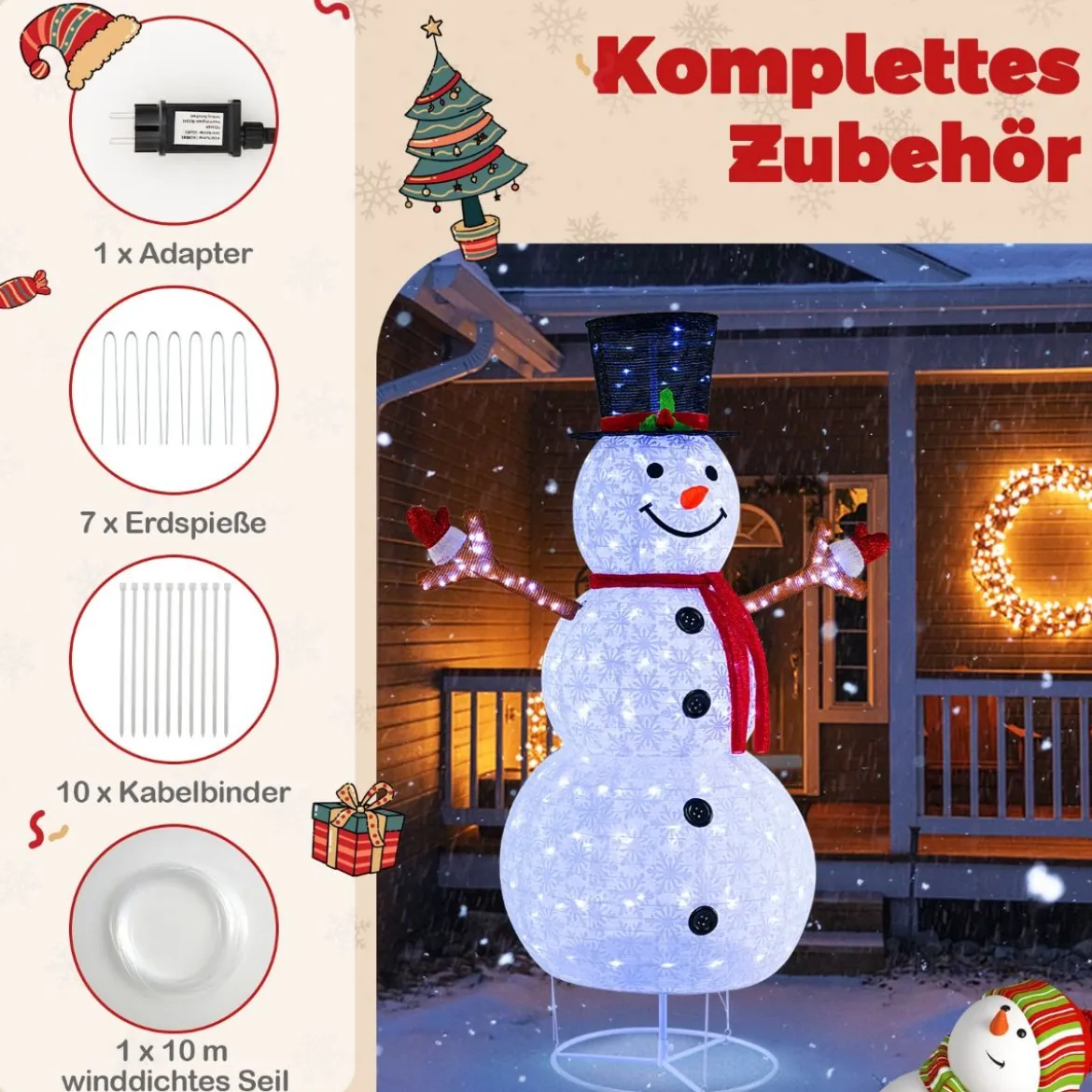 184 cm LED Schneemann beleuchtet Weihnachtsfigur mit schwarzem Hut & Schal