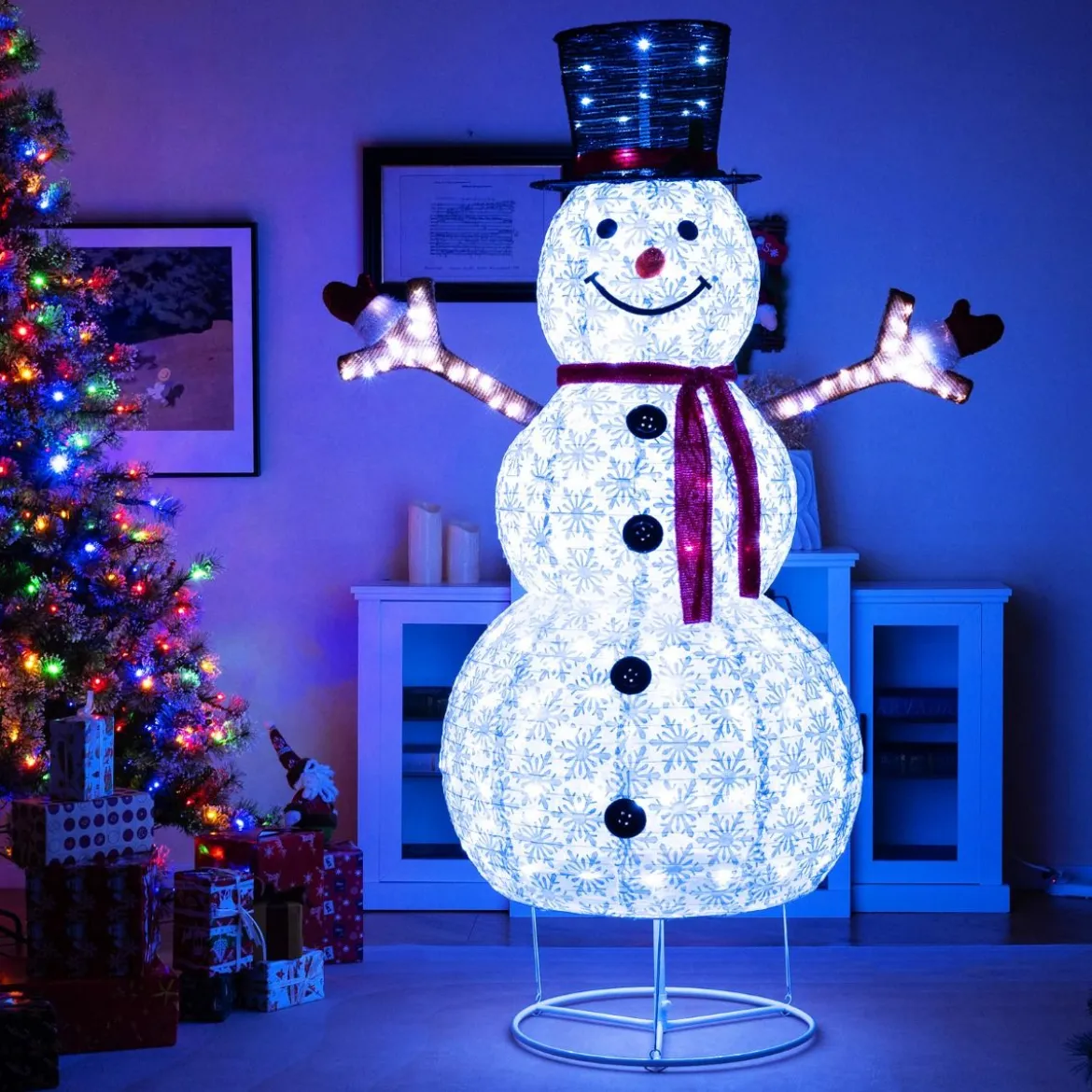 184 cm LED Schneemann beleuchtet Weihnachtsfigur mit schwarzem Hut & Schal