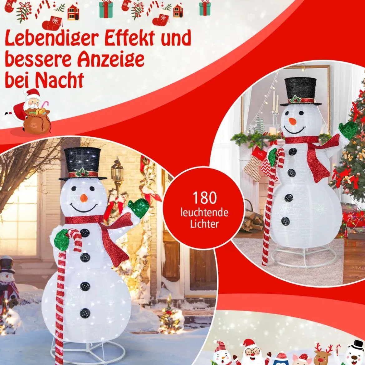 150 cm LED Schneemann Weihnachtsdeko mit LED-Lichtern & Erdspießen Witterungsbeständig