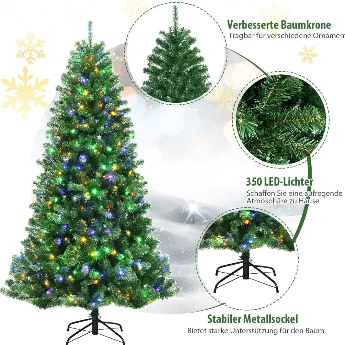 180 cm LED Weihnachtsbaum mit 9 Beleuchtungsmodi Künstlicher Tannenbaum Grün