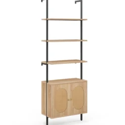 180cm Leiterregal mit Rattanschrank & 3 Ablagen & Metallrahmen Bücherregal Wandregal Standregal