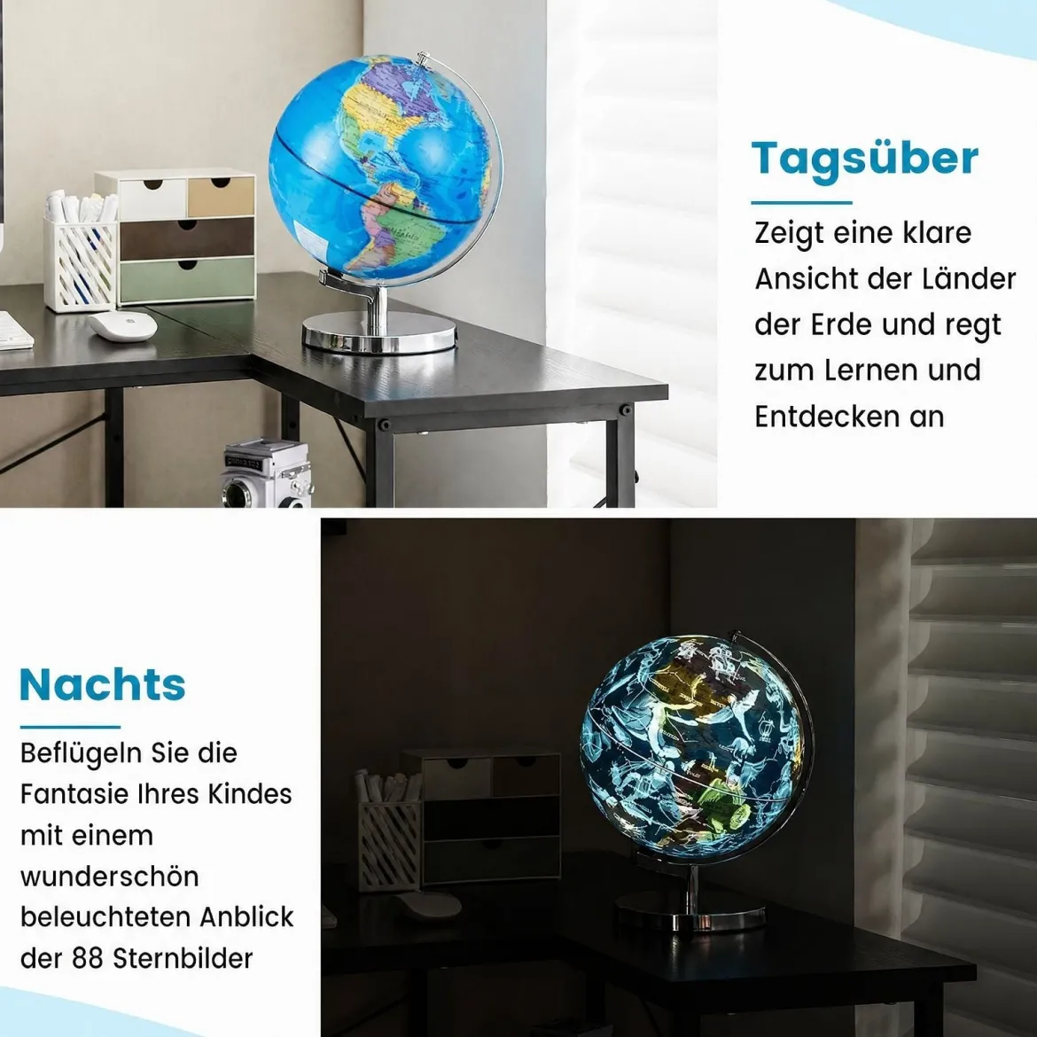 Ø 23 cm Leuchtglobus mit Metallsockel & Licht & Deutsche Geografische Karte & Sternbildkarte