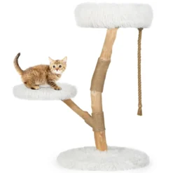 90 cm Massivholz Kratzbaum mit 3 Plüschsitzflächen Seil & Kratzpfosten Katzenbaum Katzenturm Weiß
