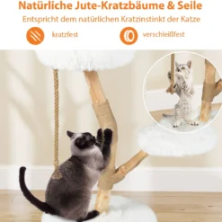 90 cm Massivholz Kratzbaum mit 3 Plüschsitzflächen Seil & Kratzpfosten Katzenbaum Katzenturm Weiß