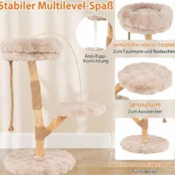 90 cm Massivholz Kratzbaum mit 3 Plüschsitzflächen Seil & Kratzpfosten Katzenbaum Katzenturm Beige
