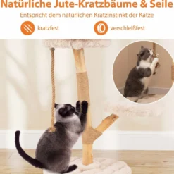 90 cm Massivholz Kratzbaum mit 3 Plüschsitzflächen Seil & Kratzpfosten Katzenbaum Katzenturm Beige