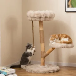 90 cm Massivholz Kratzbaum mit 3 Plüschsitzflächen Seil & Kratzpfosten Katzenbaum Katzenturm Beige
