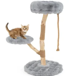 90 cm Massivholz Kratzbaum mit 3 Plüschsitzflächen Seil & Kratzpfosten Katzenbaum Katzenturm Grau