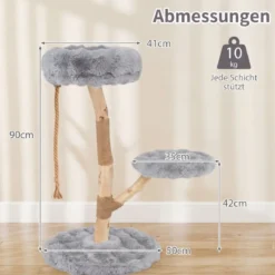 90 cm Massivholz Kratzbaum mit 3 Plüschsitzflächen Seil & Kratzpfosten Katzenbaum Katzenturm Grau