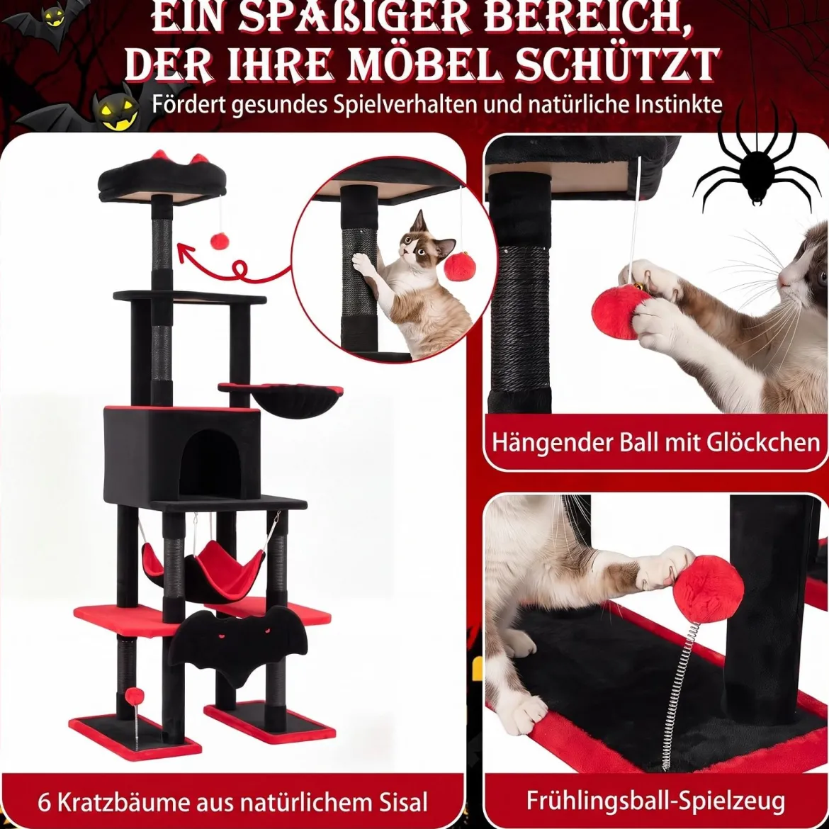 178 cm Mehrstöckiger Kratzbaum im Gothic Design mit Katzenhöhle 50 x 73 x 178 cm für Katzen
