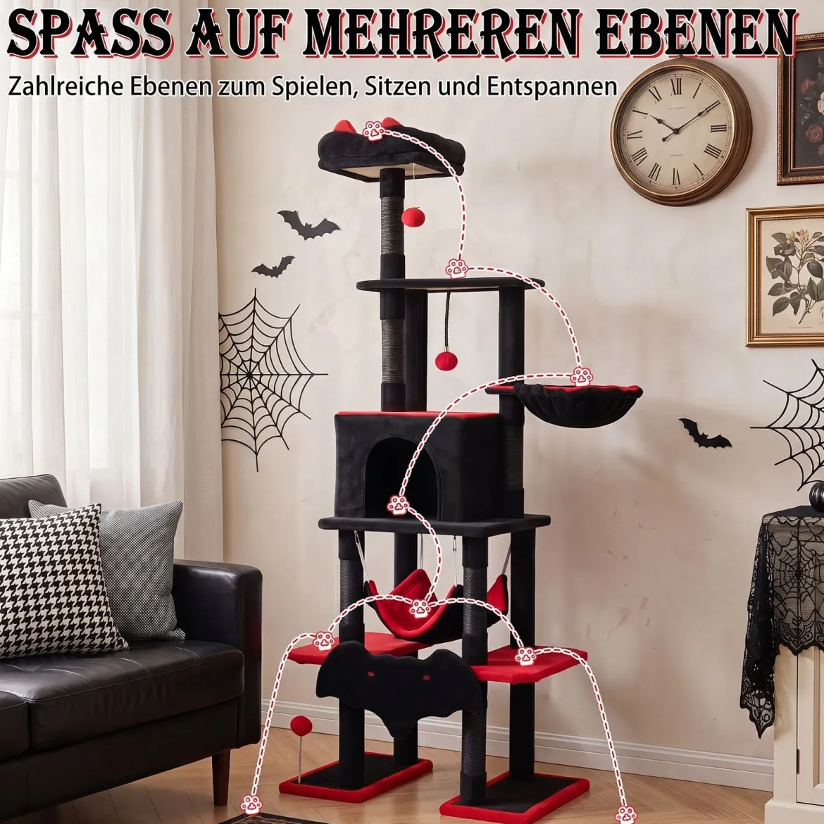 178 cm Mehrstöckiger Kratzbaum im Gothic Design mit Katzenhöhle 50 x 73 x 178 cm für Katzen