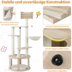 141cm mehrstufiger Kratzbaum Kletterturm Holz mit Katzenhöhle geschwungener Aussichtsplattform Natur