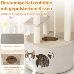 141cm mehrstufiger Kratzbaum Kletterturm Holz mit Katzenhöhle geschwungener Aussichtsplattform Natur