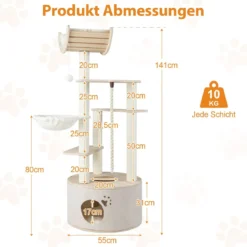 141cm mehrstufiger Kratzbaum Kletterturm Holz mit Katzenhöhle geschwungener Aussichtsplattform Natur