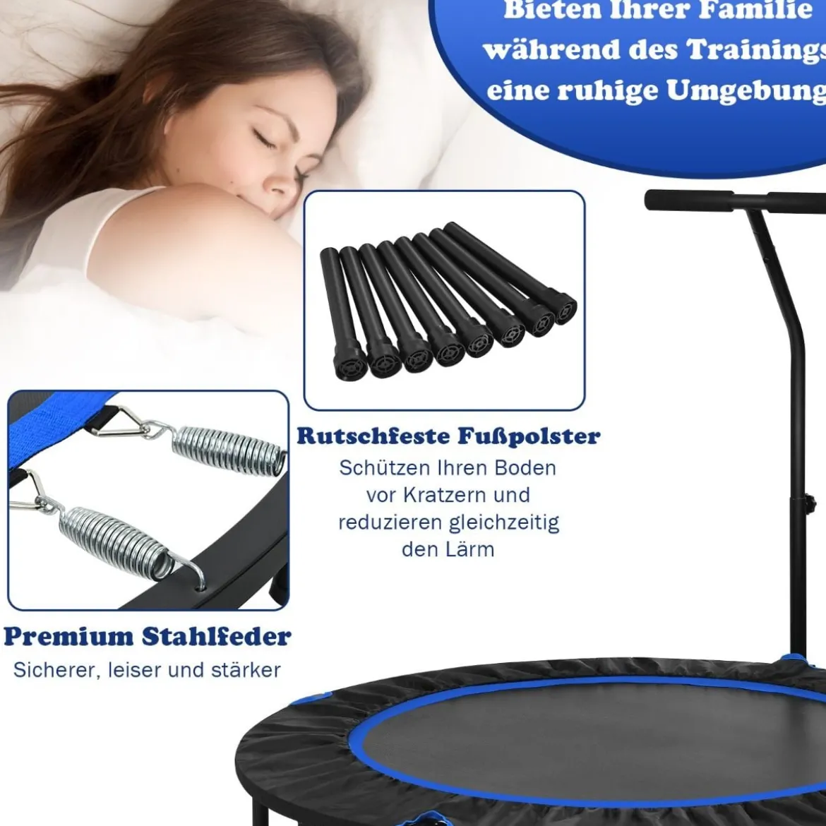 Ø 120 cm Mini Trampolin faltbar mit höhenverstellbarem Griff Blau + Schwarz