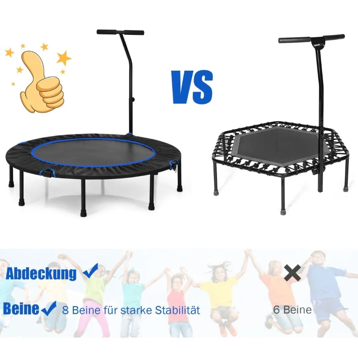 Ø 120 cm Mini Trampolin faltbar mit höhenverstellbarem Griff Blau + Schwarz