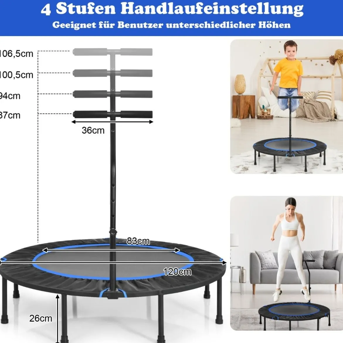 Ø 120 cm Mini Trampolin faltbar mit höhenverstellbarem Griff Blau + Schwarz