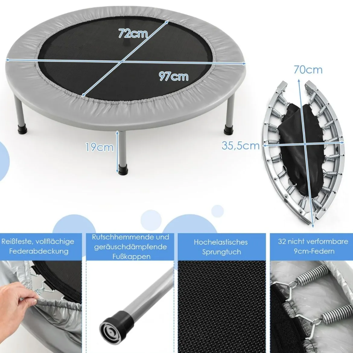 φ97cm Mini Trampolin Fitness Trampolin faltbar Kindertrampolin bis 150kg belastbar Grau