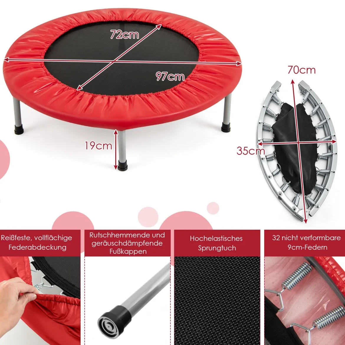 φ97cm Mini Trampolin Fitness Trampolin Faltbar Kindertrampolin bis 150kg Belastbar Rot