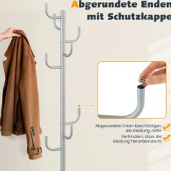 175 cm Moderner Garderobenständer 8-Haken Kaktus-Kleiderständer mit Gewichtsbasis & gebogenen Enden Silber