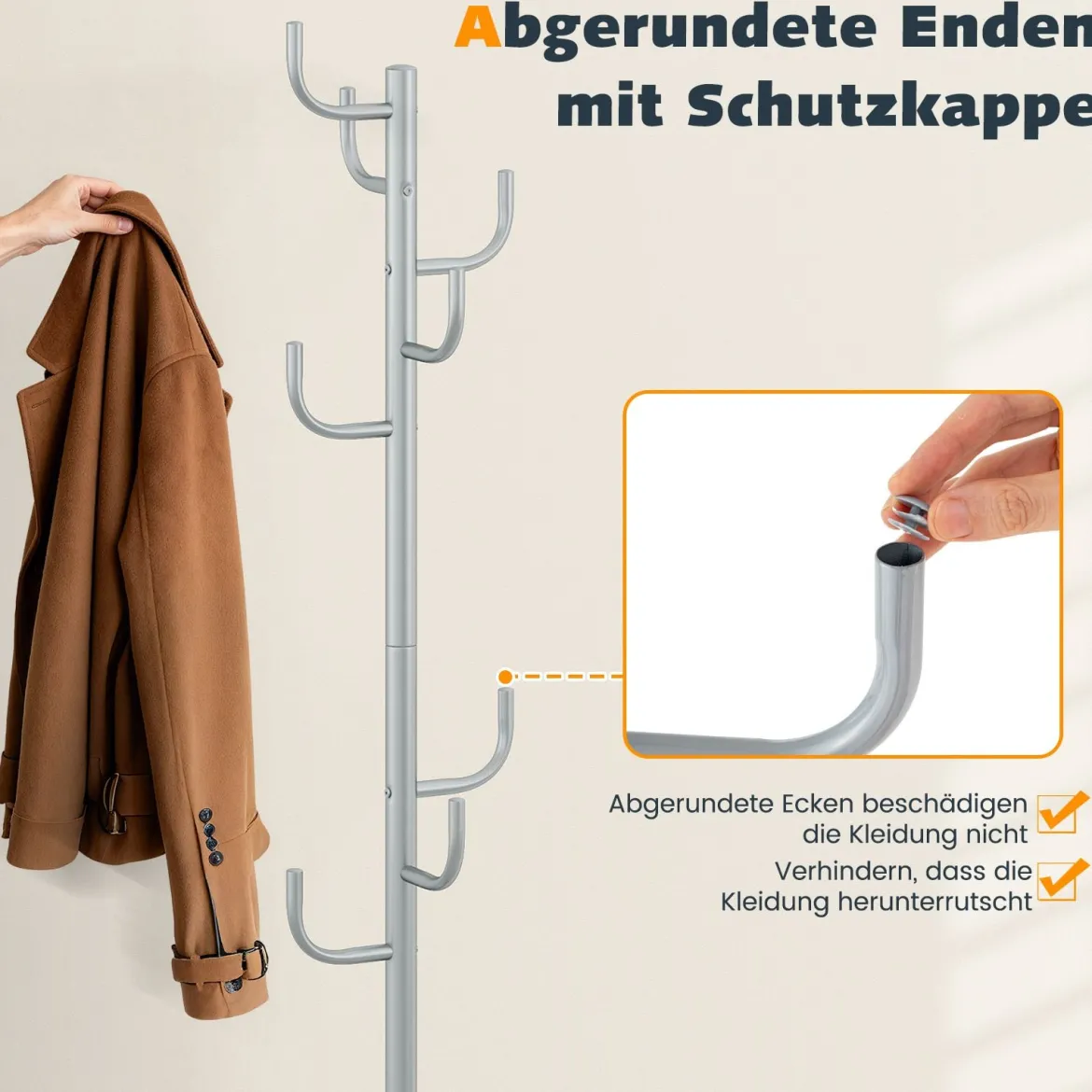 175 cm Moderner Garderobenständer 8-Haken Kaktus-Kleiderständer mit Gewichtsbasis & gebogenen Enden Silber