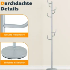 175 cm Moderner Garderobenständer 8-Haken Kaktus-Kleiderständer mit Gewichtsbasis & gebogenen Enden Silber