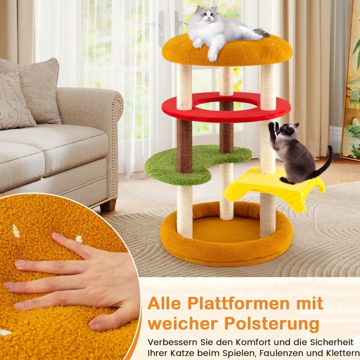 106 cm moderner Kratzbaum mehrstöckiger Kletterbaum mit gepolsterter Aussichtsplattform geräumigem Bett Orange