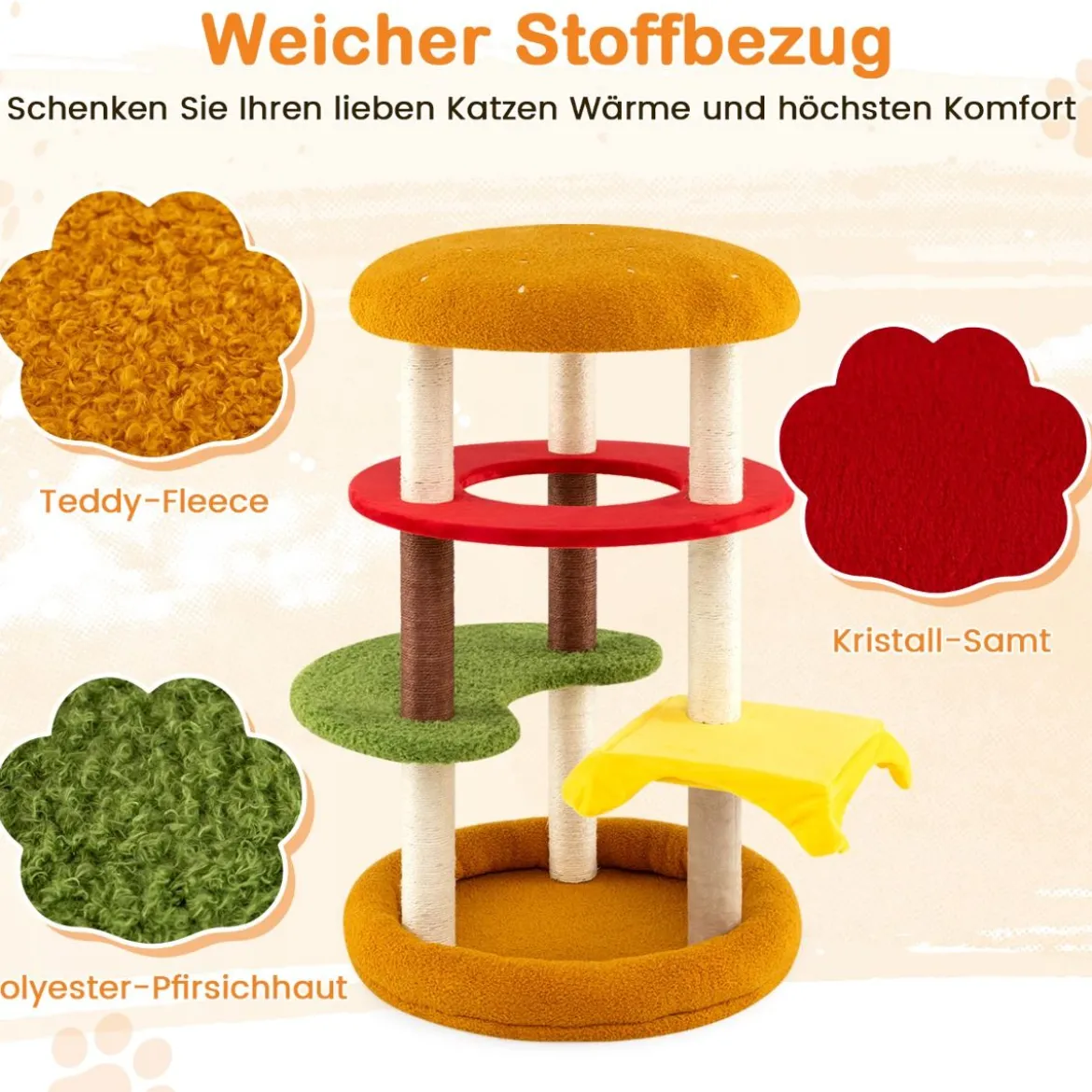 106 cm moderner Kratzbaum mehrstöckiger Kletterbaum mit gepolsterter Aussichtsplattform geräumigem Bett Orange