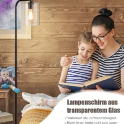 168 cm Modern Stehlampe mit Fußschalter & E27-Glühlampensockel & Glaslampenschirm Schwarz