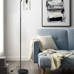 168 cm Modern Stehlampe mit Fußschalter & E27-Glühlampensockel & Glaslampenschirm Schwarz