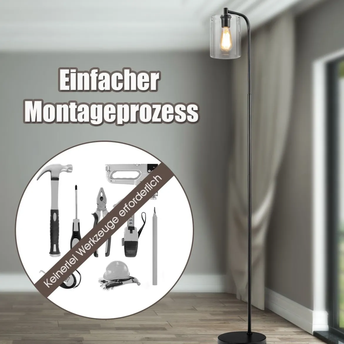 168 cm Modern Stehlampe mit Fußschalter & E27-Glühlampensockel & Glaslampenschirm Schwarz