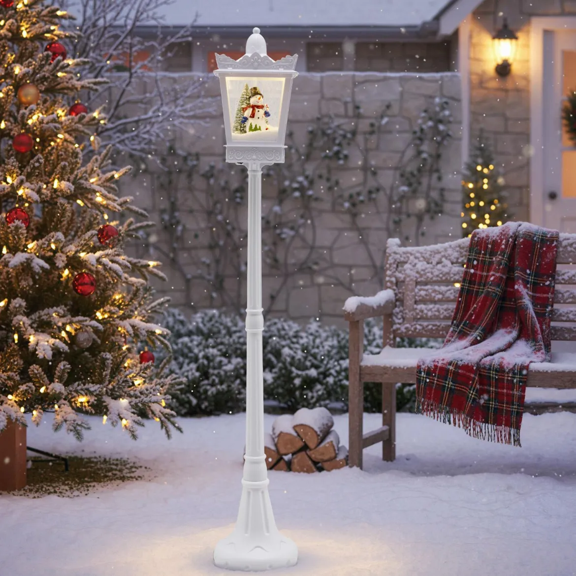 185 cm Musikalische Weihnachts-Straßenlaterne Straßenlampe mit warmweißen LED-Leuchten Schneeeffekten Weiß