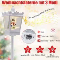 185 cm Musikalische Weihnachts-Straßenlaterne Straßenlampe mit warmweißen LED-Leuchten Schneeeffekten Weiß