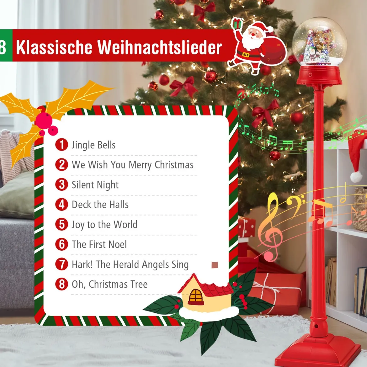 153 cm musikalische Weihnachts-Straßenlaterne Schneekugel-Laterne auf Ständer mit 8 Melodien Riesenrad Rot