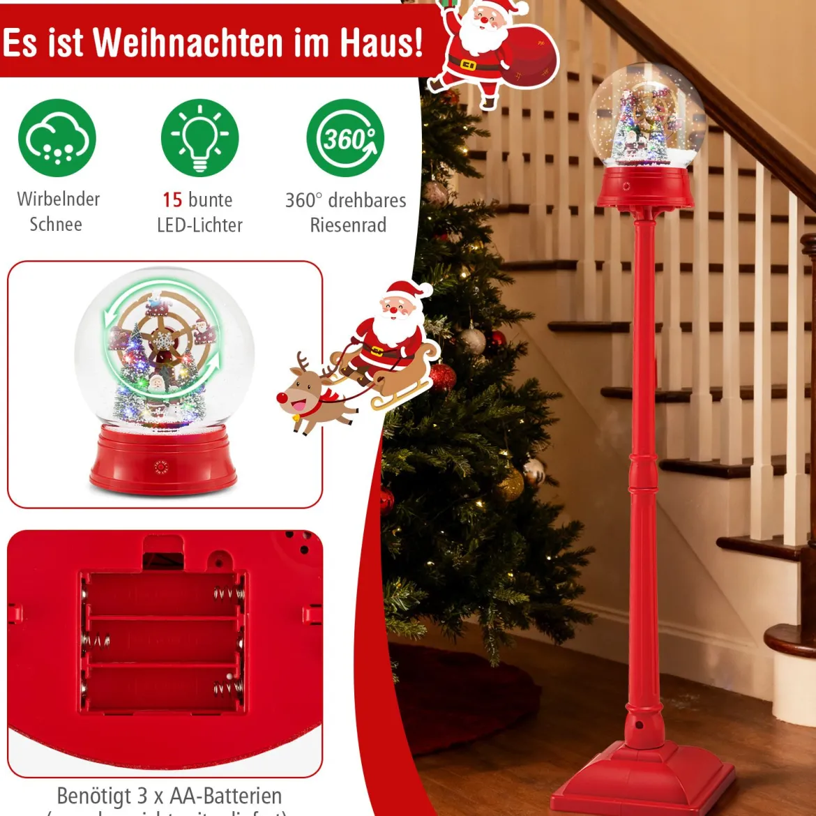 153 cm musikalische Weihnachts-Straßenlaterne Schneekugel-Laterne auf Ständer mit 8 Melodien Riesenrad Rot