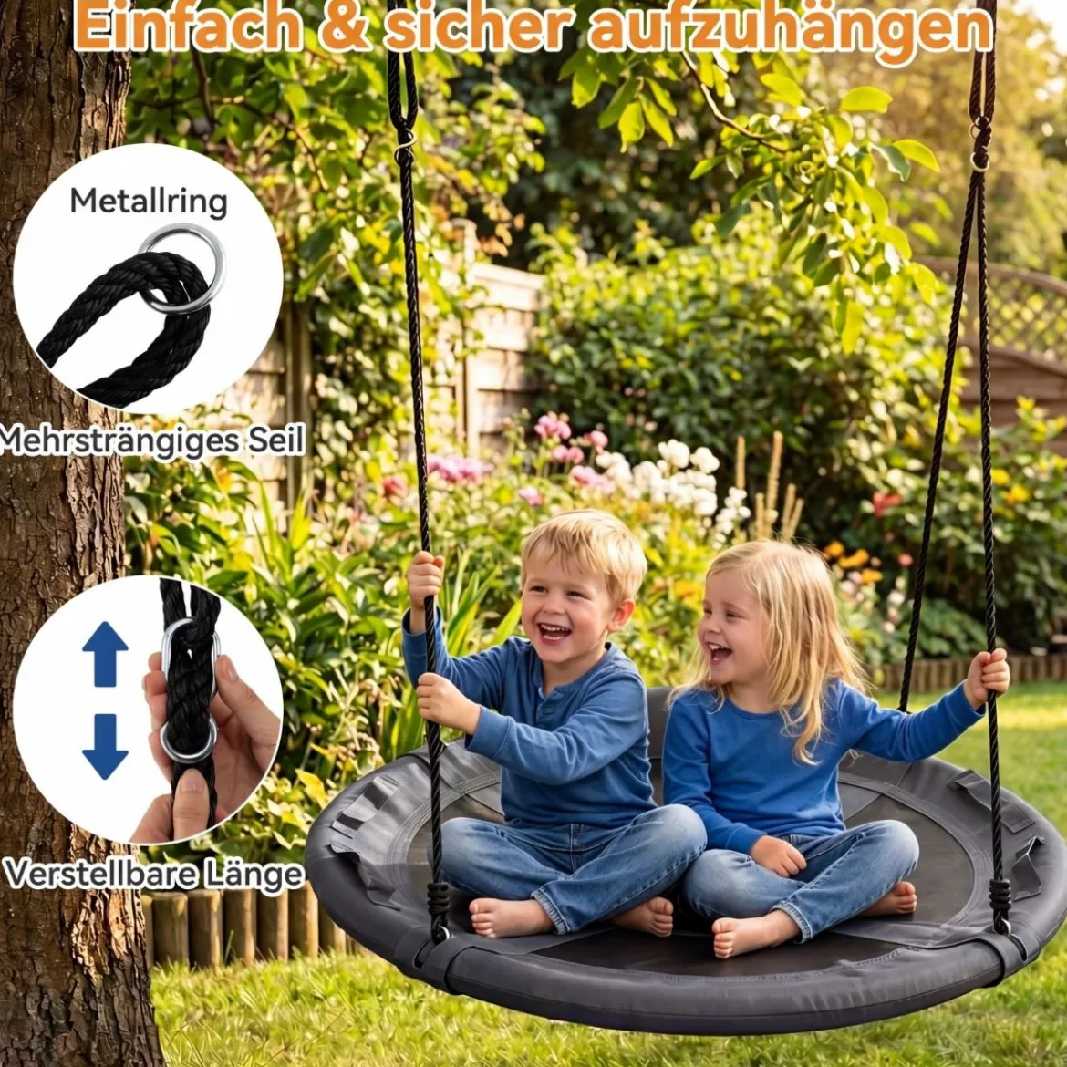 Ø100 cm Nestschaukel mit Kissen & Griffe Kinderschaukel mit 100-180 cm Höhenverstellbarem Seil Grau